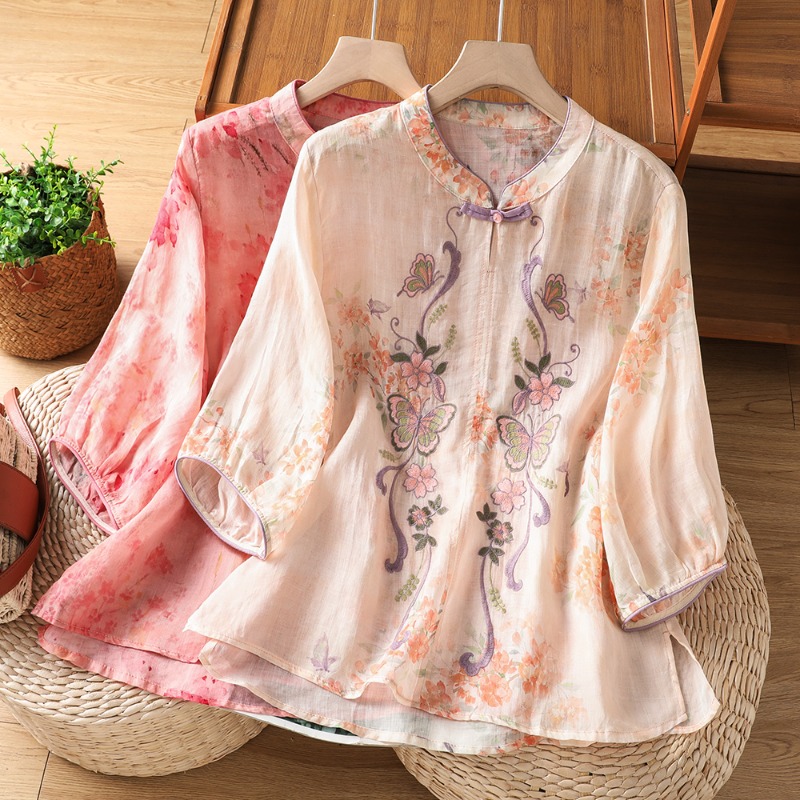 Vintage Fashion In Chinese - 中国風の女性のブラウス刺繍ヴィンテージシャツファッションルーズ夏服半袖コットンリネン女性トップス