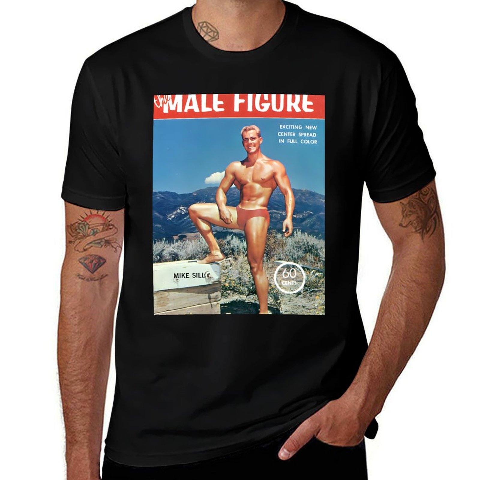 Vintage Fashion Magazine Covers - マイク・シルと男性像の絵柄 - ヴィンテージ風筋肉質男性モデル雑誌表紙Tシャツ 夏ファッションカジュアルTシャツ
