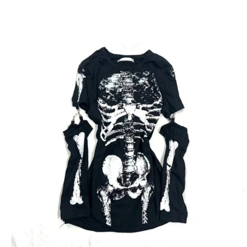 Vintage Fashion Subculture - ゴシックスケルトングラフィック Tシャツ 取り外し可能な袖付き 女性用 日本のサブカルチャー 2000年代
