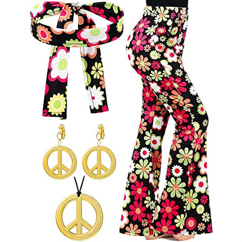 Wide Leg Trouser 70S - ボヘミアンプリント フレアパンツ ハロウィンヘッドバンド 70年代レトロプリント ワイドレッグパンツ ローウエスト