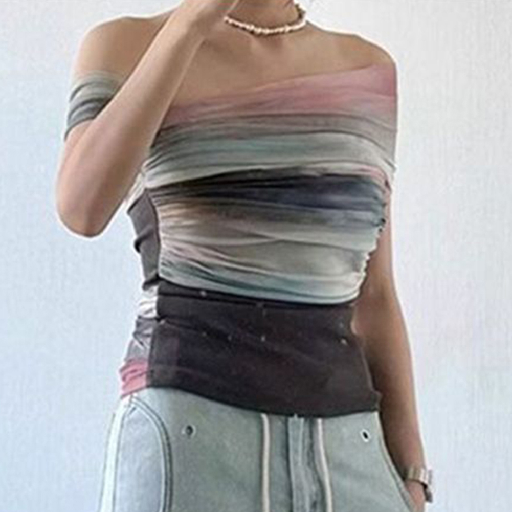 Vintage Fashion Boutique - 女性夏メッシュ絞り染めオフショルダースリム半袖 Tシャツヴィンテージファッショントップカジュアル休暇日常着ポリエステルブルー