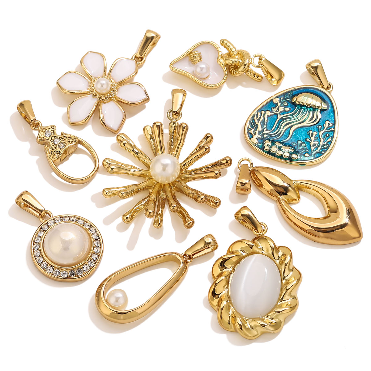 Vintage Fashion Jewelry - 1個入り 18K金メッキステンレススチール製フラワーチャーム ヴィンテージハートミックスパールペンダント DIYネックレスジュエリーアクセサリーギフト用