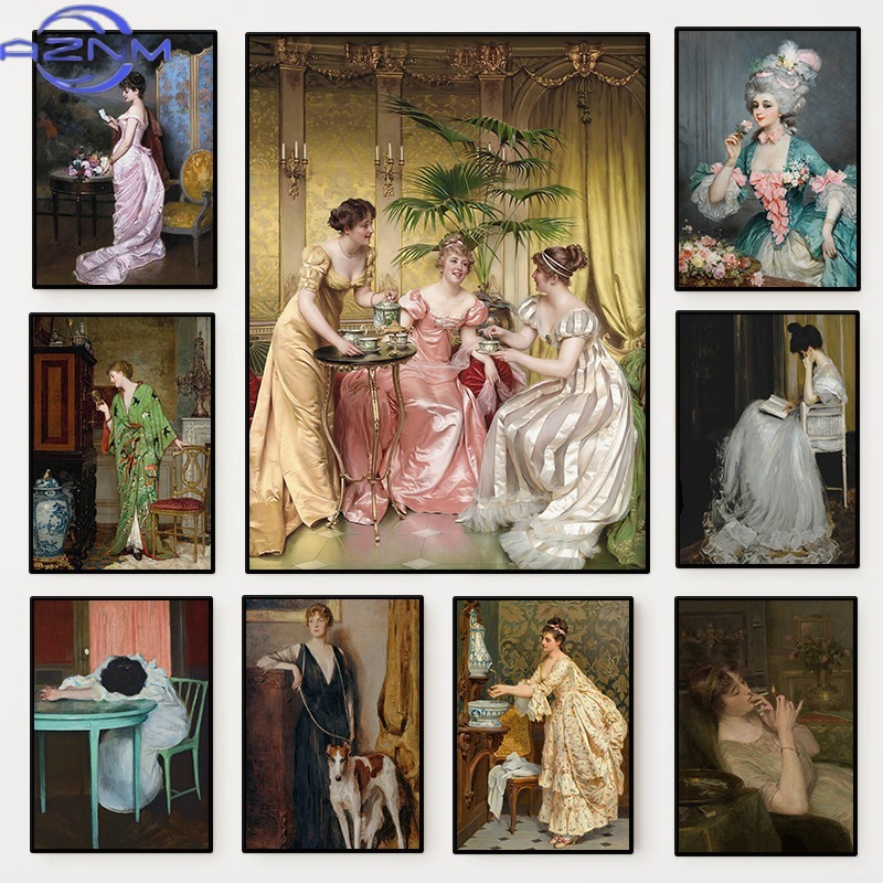 Vintage Fashion Wall Art - ルネッサンス女性ポートレートポスターヴィンテージビクトリア朝女性らしいキャンバス絵画ファッションウォールアートリビングルーム家の装飾ムラ