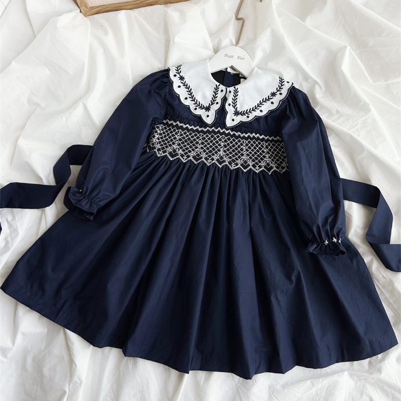 Vintage Fashion Boutique - ヴィンテージダークブルー手刺繍ガールズ長袖ドレスインハンドメイドブティックキッズクリスマスクローゼットファッショナブルガールズドレス