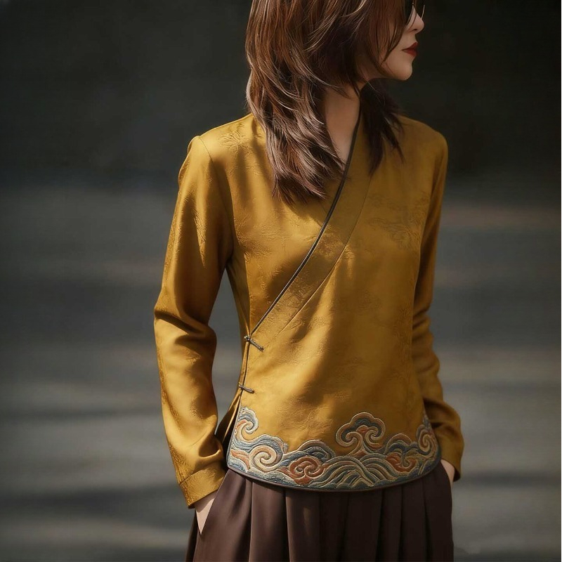 Vintage Fashion In Chinese - 中国風の女性のブラウスプリントヴィンテージシャツファッションルーズフィット春/夏服長袖 V ネック女性トップ