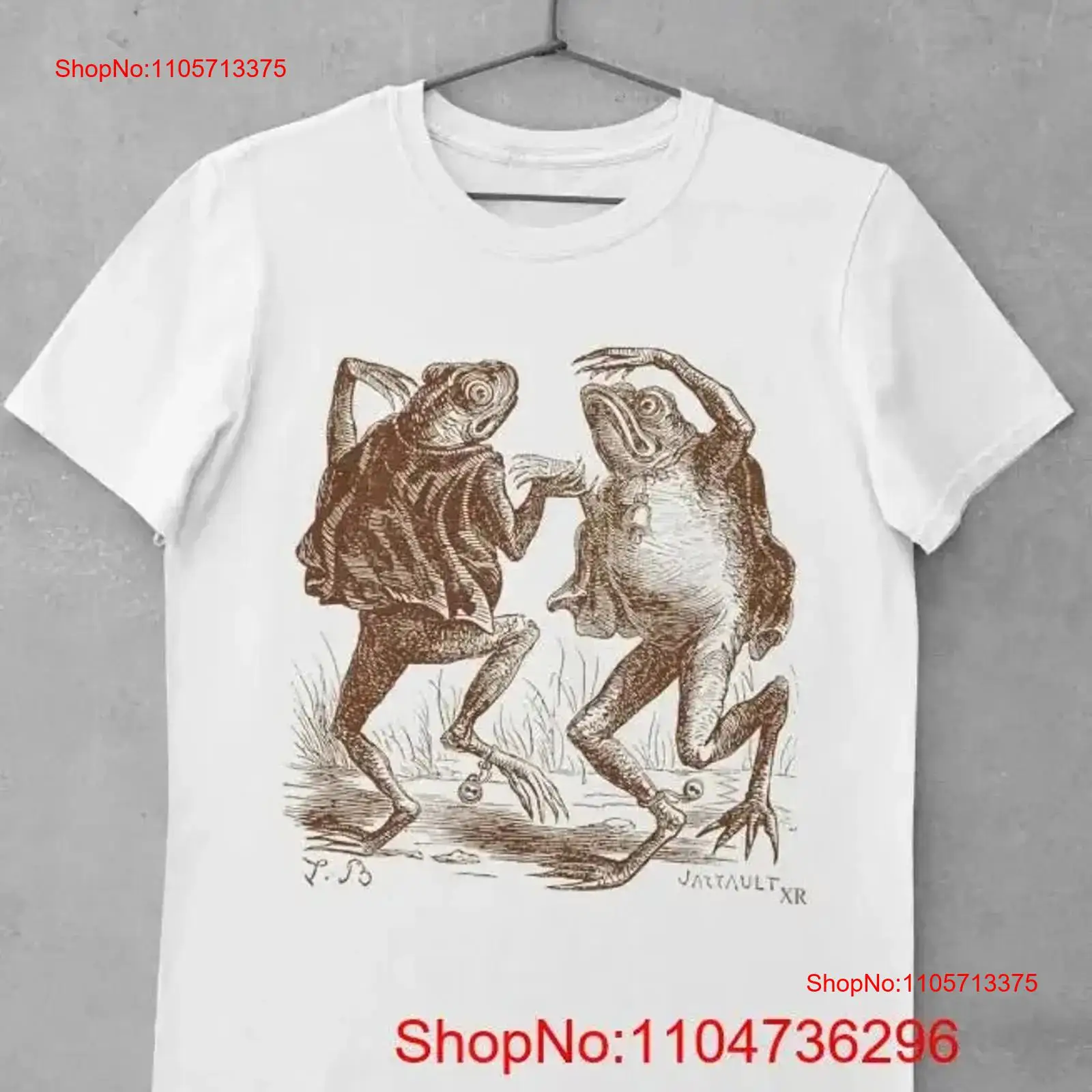 Vintage Fashion Illustrations - 踊るカエルとヒキガエルのヴィンテージイラストTシャツ ダークアカデミアの美学 ウォッシュ加工 多用途ストリートウェアファッション ヴィンテージ ウォッシュ加工