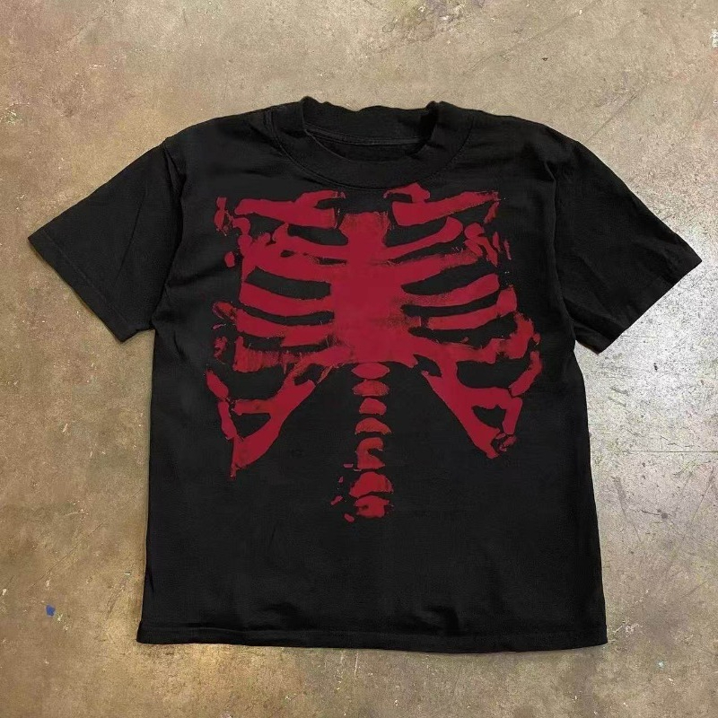 Vintage Fashion Subculture - 女性サブカルチャーゴシックスケルトンプリント Tシャツ Y2K 原宿ヴィンテージルーズ半袖 Tシャツアメリカンレトログランジファッショントップス