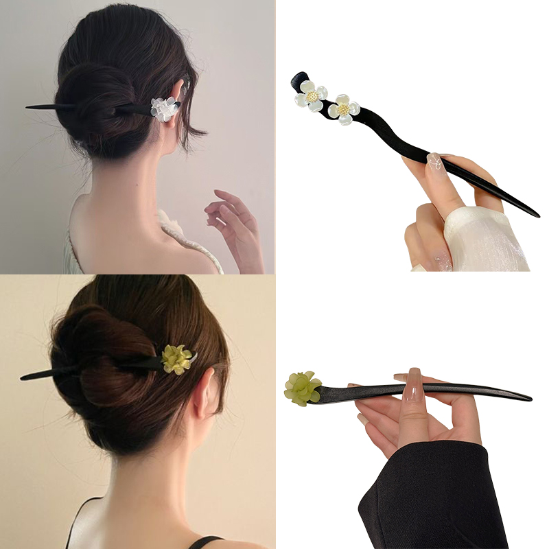 Vintage Fashion In Chinese - ヴィンテージ中国風の木製花ヘアスティックパールヘアピンジュエリー女性のための気質ヘアアクセサリーウェディングスタイリング gif