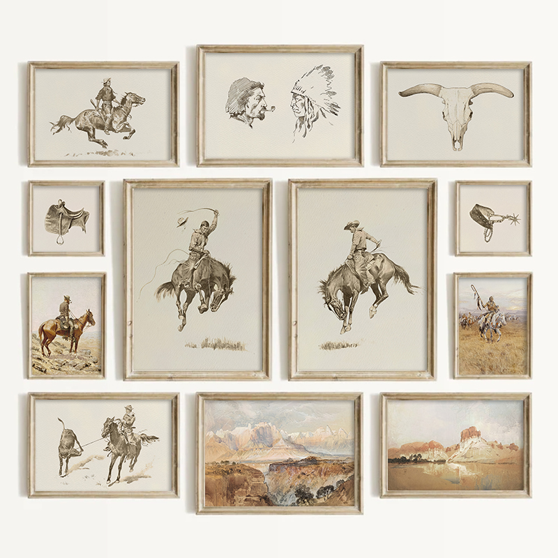 Vintage Fashion Wall Art - 南西部スタイルのカウボーイウォールアート、ヴィンテージ風ウェスタンプリント、リビングルームの装飾、アメリカンカントリー風ギャラリーポスターセット