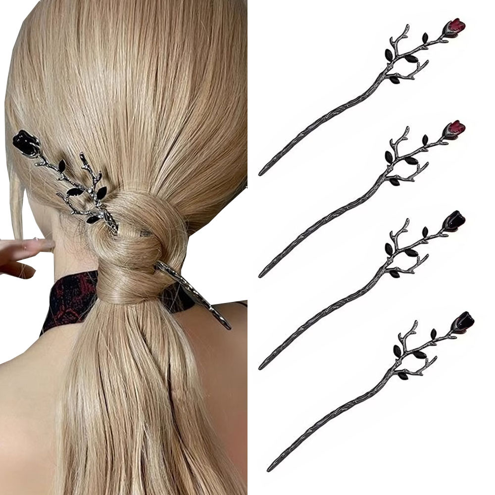 Vintage Fashion In Chinese - 1pc 新中国ヘアピンヘアスティックエレガントなローズフラワークリスタル支店金属の質感ヴィンテージヘアアクセサリー女性の頭飾り