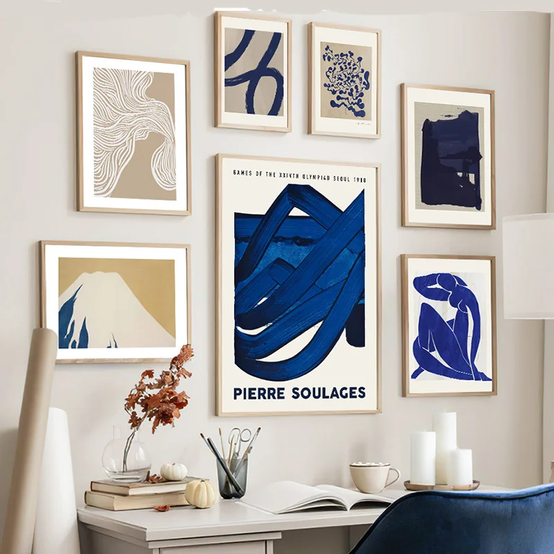 Vintage Fashion Wall Art - 抽象的なブルーのヴィンテージポスターとプリント、マティスのラインガールウォールアートキャンバス絵画、ホテル、バーの絵、リビングルームの家の装飾 ﻿