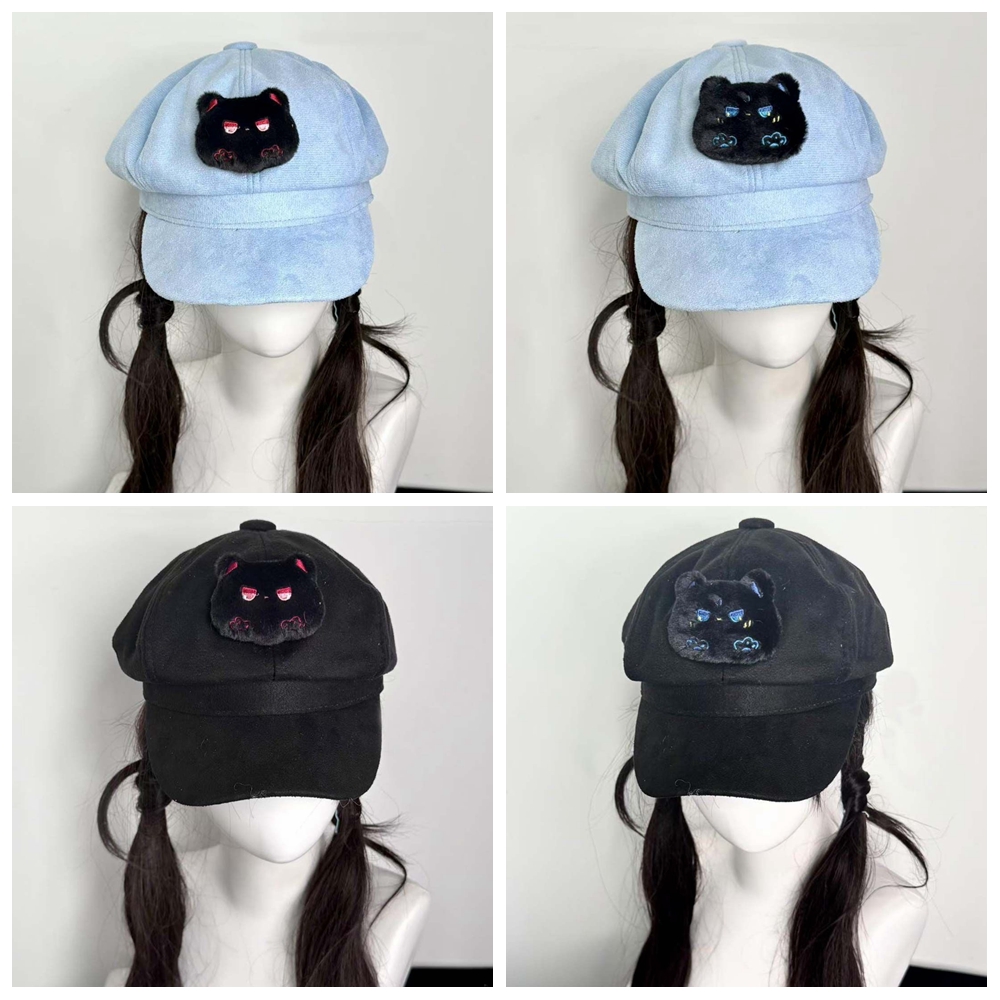 Vintage Fashion Subculture - オリジナル手作り女性原宿かわいい黒クマ八角形キャップ女性ベレー帽甘いクールかわいいヴィンテージレディースガール帽子