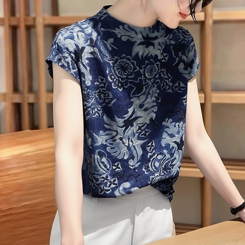Vintage Fashion In Chinese - 中国風の女性のブラウスヴィンテージプリントシャツファッションルーズ O ネック夏韓国服ノースリーブ女性トップス