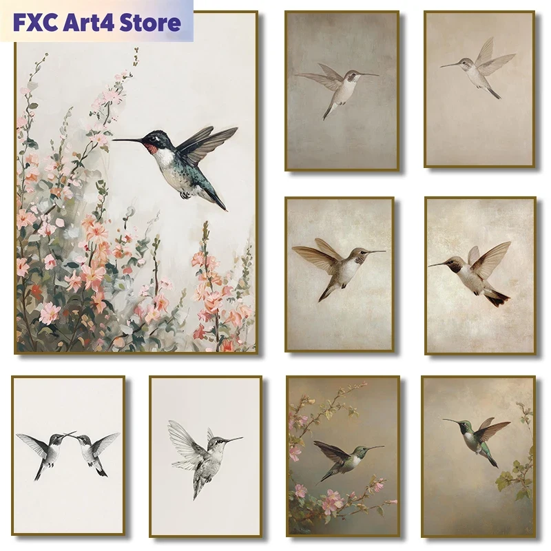 Vintage Fashion Wall Art - フレームレスヴィンテージハチドリスケッチ鳥動物描画イラストポスターキャンバス絵画プリント壁アート写真家の装飾