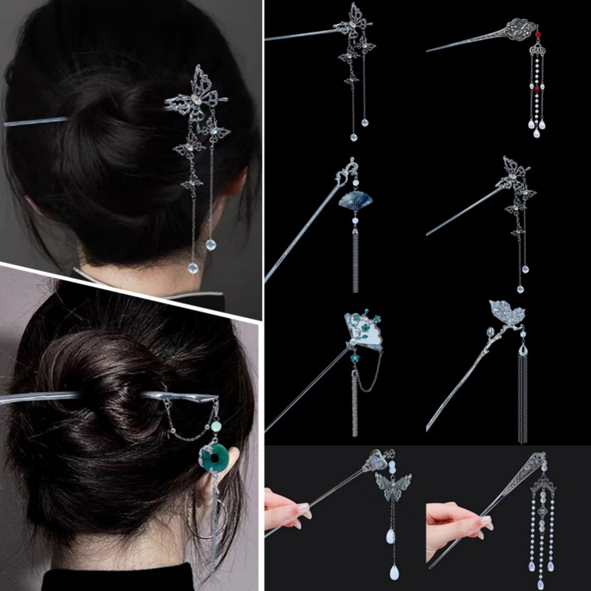 Vintage Fashion In Chinese - 18 センチメートル中国風のヘアピンエレガントな花蝶タッセルヘアスティック女性のためのヴィンテージ韓服メタルジュエリーヘアアクセサリー 1pc