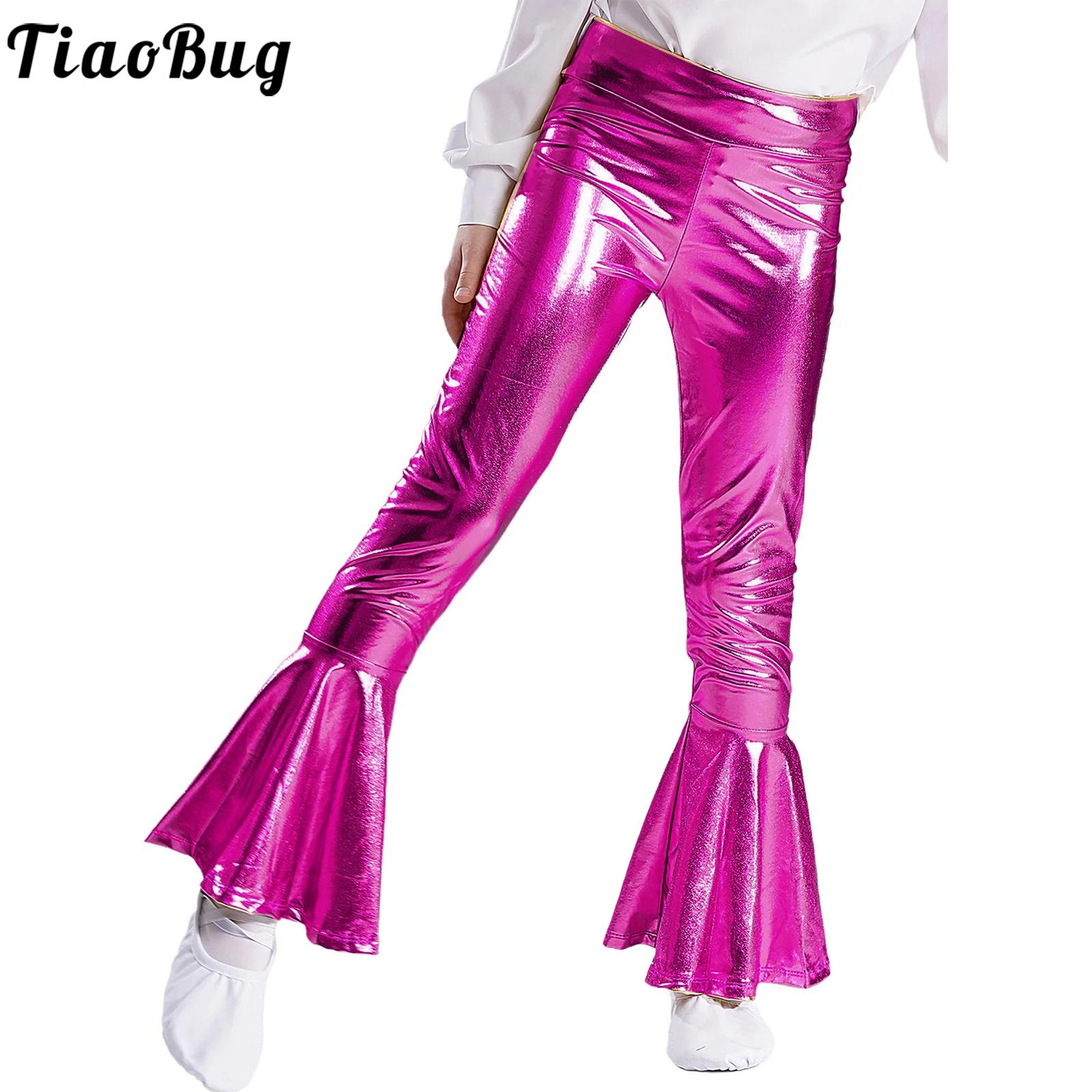 Wide Leg Trouser 70S - 女の子用の光沢のあるメタリックフレアレギンス,ハイウエスト,フリル,ワイドレッグ,レトロ,70年代,ディスコ,ヒッピー,ベルボトム