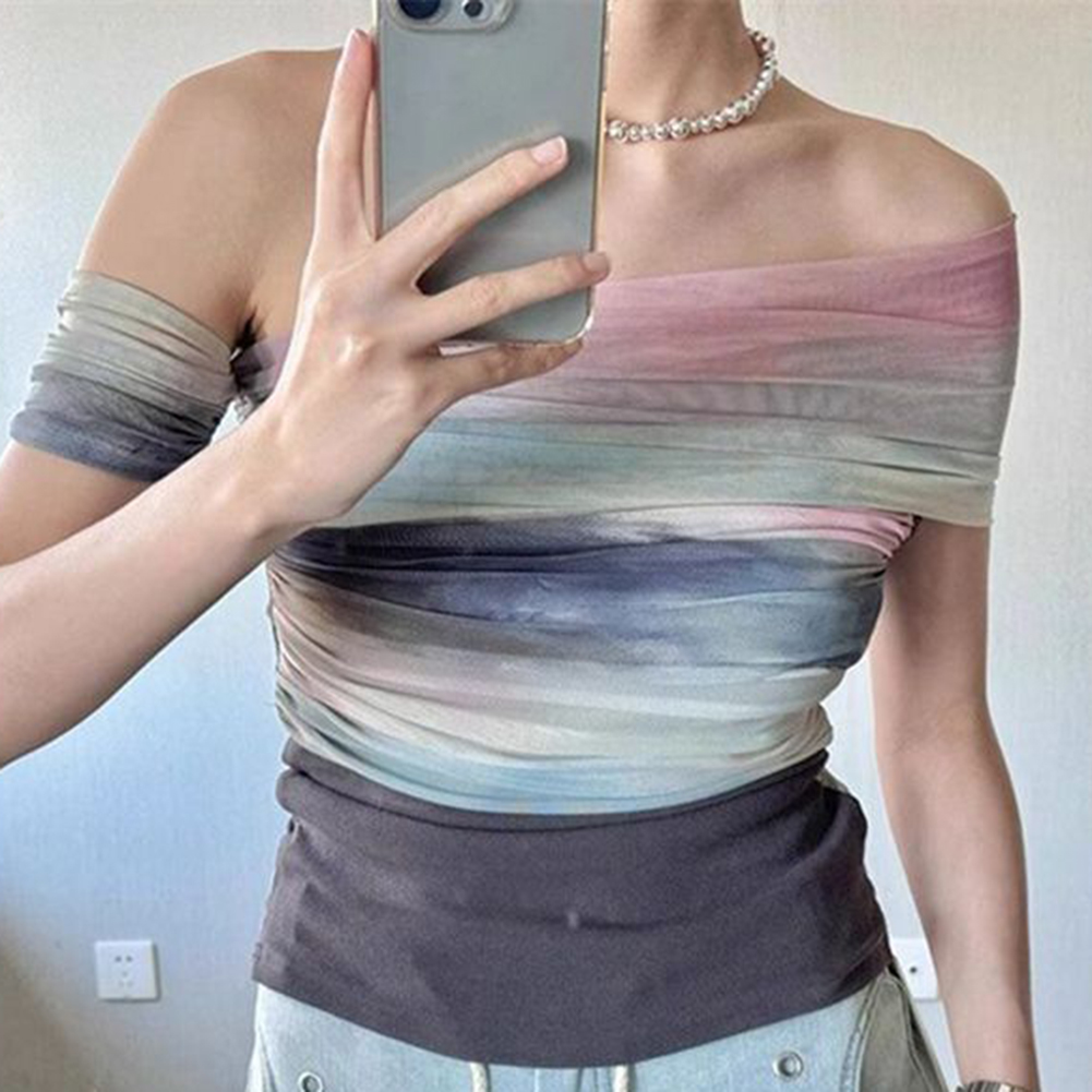 女性夏メッシュ絞り染めオフショルダースリム半袖 Tシャツヴィ - Vintage Fashion Boutique のレビューと価格