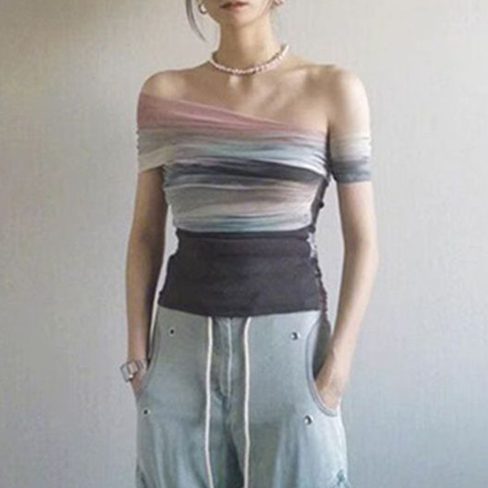 女性夏メッシュ絞り染めオフショルダースリム半袖 Tシャツヴィ - Vintage Fashion Boutique のレビューと価格
