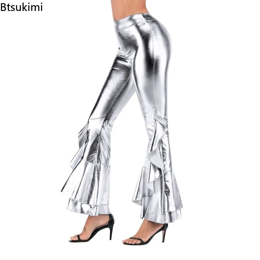 レディース シャイニー フレアパンツ メタリック ベルボトム - Wide Leg Trouser 70S のレビューと価格