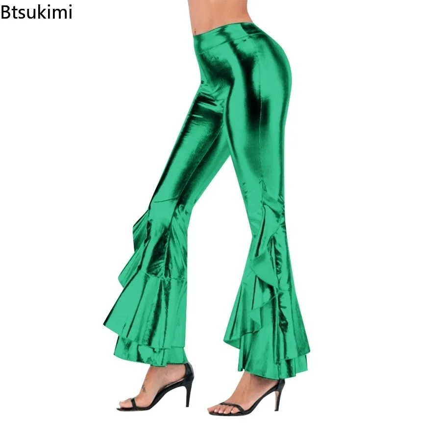 レディース シャイニー フレアパンツ メタリック ベルボトム - Wide Leg Trouser 70S のレビューと価格