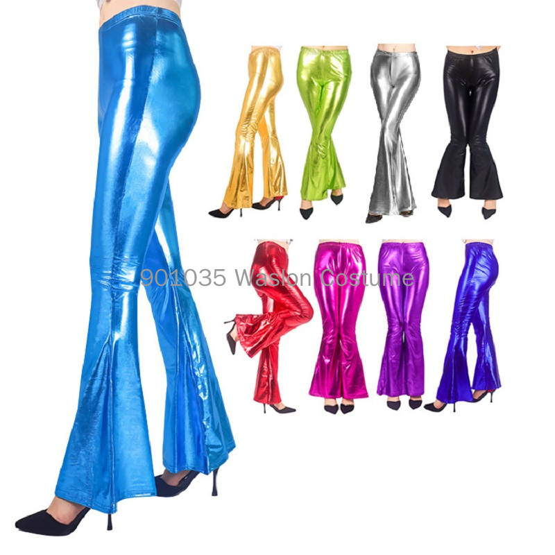 女性光沢のあるフレアパンツレーザーメタリック Wetlook - Wide Leg Trouser 70S のレビューと価格