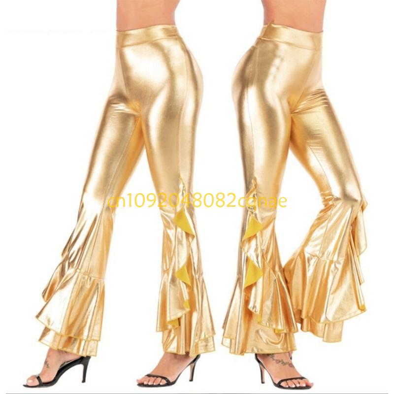女性光沢のあるメタリックフレアパンツレトロ 70 年代スタイ - Wide Leg Trouser 70S のレビューと価格