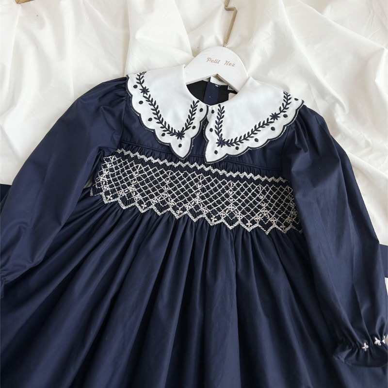 ヴィンテージダークブルー手刺繍ガールズ長袖ドレスインハンドメ - Vintage Fashion Boutique のレビューと価格