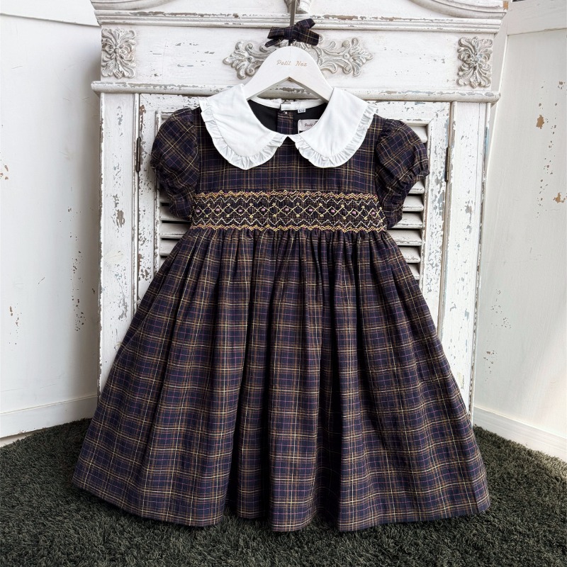 ヴィンテージダークブルー手刺繍ガールズ長袖ドレスインハンドメ - Vintage Fashion Boutique のレビューと価格