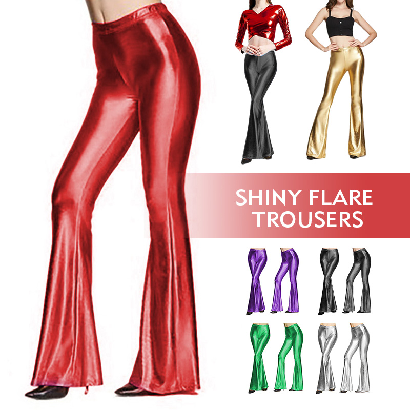 女性光沢のあるフレアパンツレーザーメタリック Wetlook - Wide Leg Trouser 70S のレビューと価格
