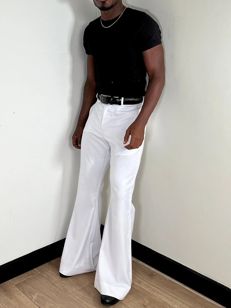 スタイリッシュなベルボトムメンズスリムフィットフレアパンツ、 - Wide Leg Trouser 70S のレビューと価格