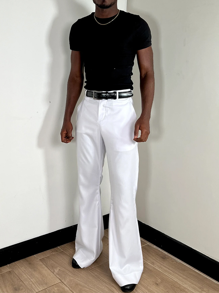 スタイリッシュなベルボトムメンズスリムフィットフレアパンツ、 - Wide Leg Trouser 70S のレビューと価格