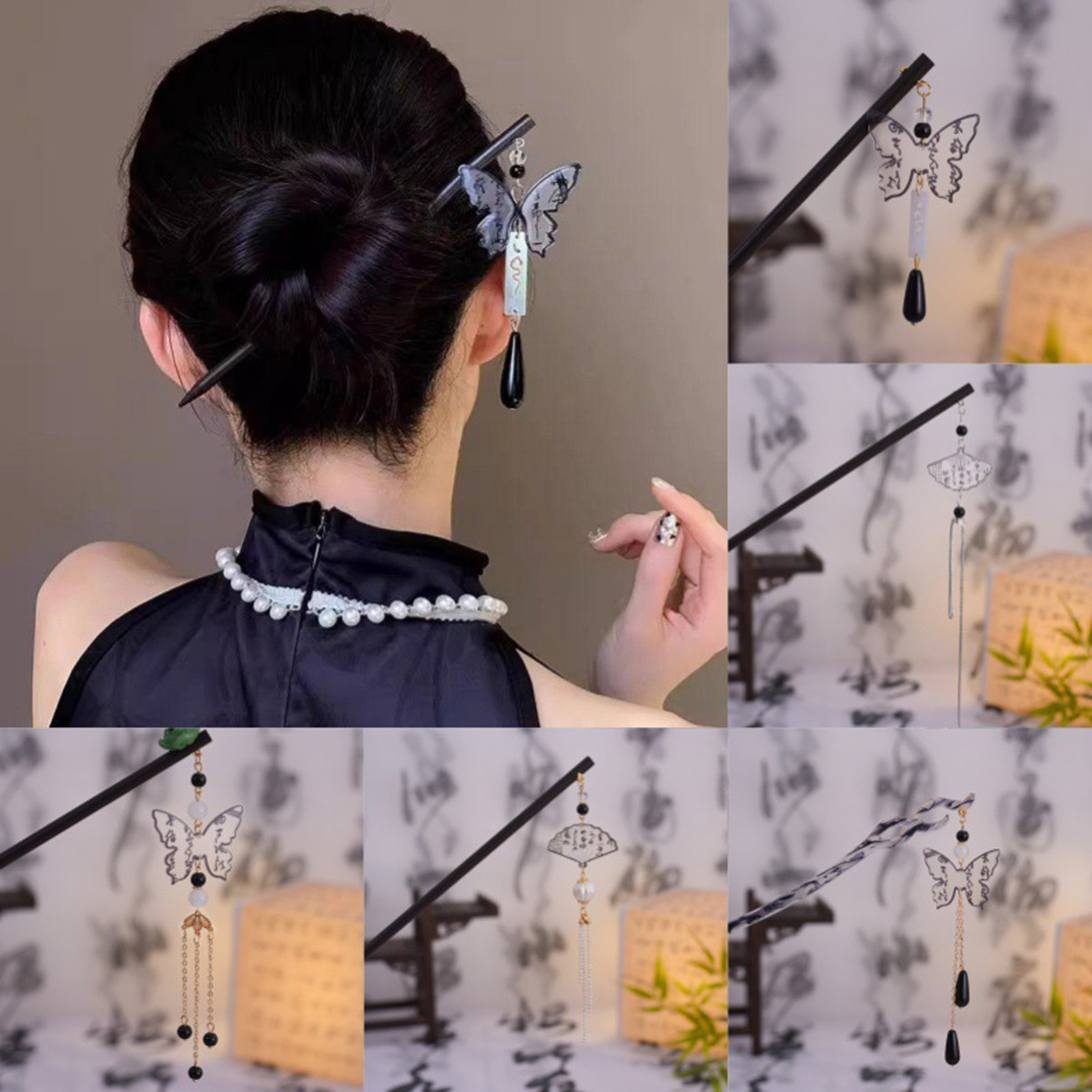 ヴィンテージ木製ヘアピン女性のための中国水墨蝶蓮タッセルヘア - Vintage Fashion In Chinese のレビューと価格