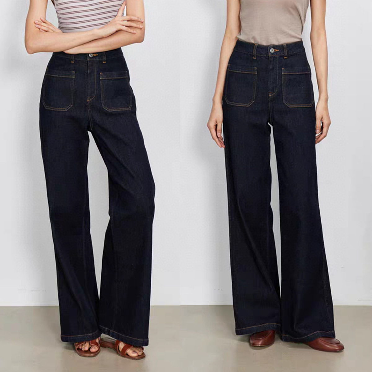 ハイウエストワイドレッグブルーデニムジーンズ女性用ダブルポケ - Wide Leg Trouser 70S のレビューと価格