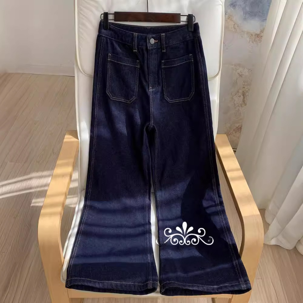 ハイウエストワイドレッグブルーデニムジーンズ女性用ダブルポケ - Wide Leg Trouser 70S のレビューと価格