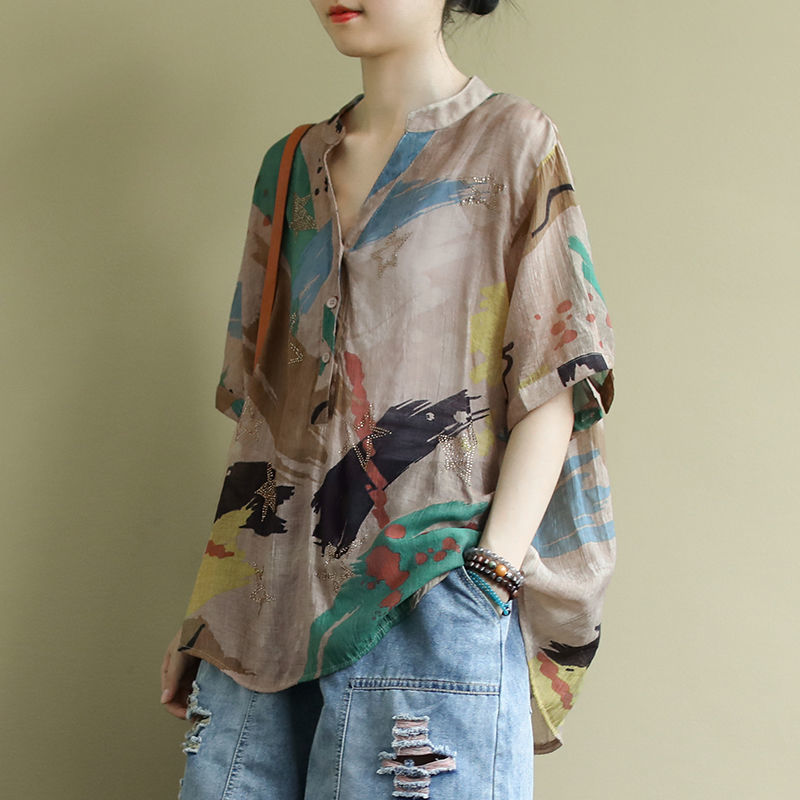 リネンとコットンのブラウス,カジュアル,ルーズ,エレガント, - Vintage Fashion In Chinese のレビューと価格