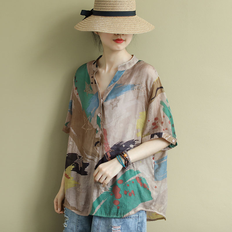 リネンとコットンのブラウス,カジュアル,ルーズ,エレガント, - Vintage Fashion In Chinese のレビューと価格