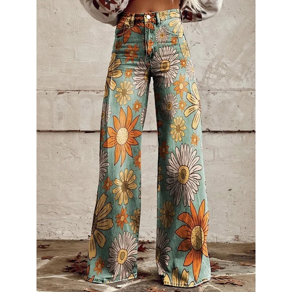女性のかわいいレトロウェーブデイジープリントハイウエストワイ - Wide Leg Trouser 70S のレビューと価格
