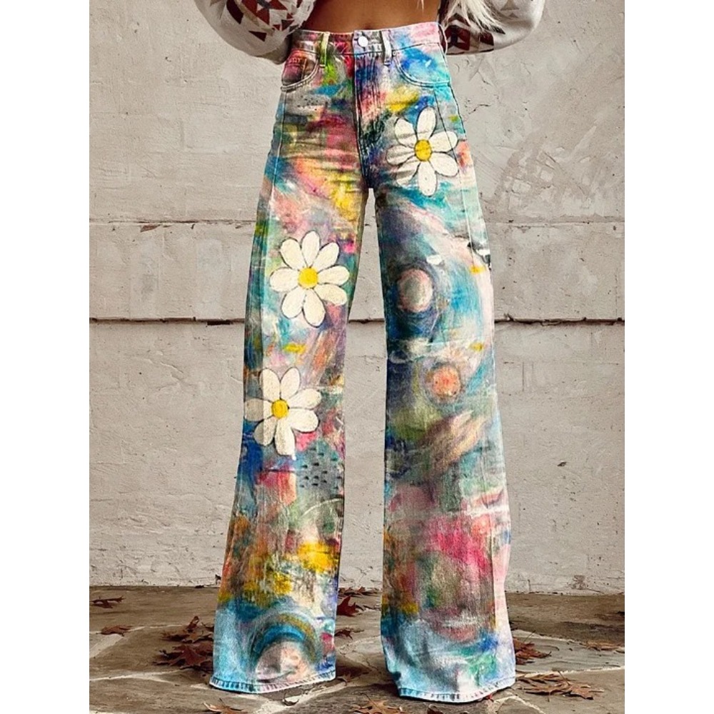 女性のかわいいレトロウェーブデイジープリントハイウエストワイ - Wide Leg Trouser 70S のレビューと価格