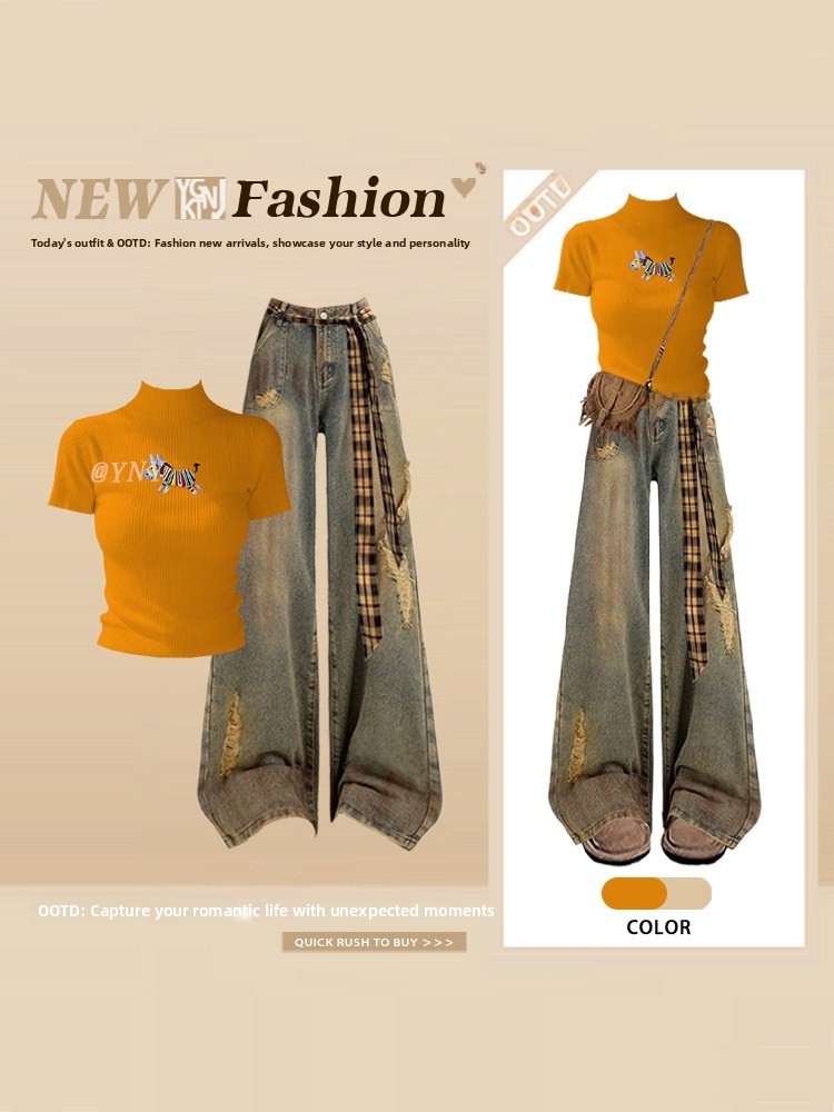 夏のアメリカンスタイル半袖Tシャツとジーンズのセット 刺繍入 - Vintage Fashion Wear のレビューと価格