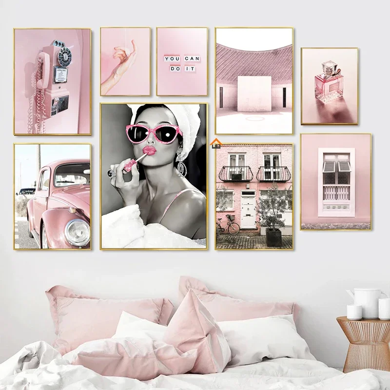 高級香水女性ピンクヴィンテージ車電話ポスター装飾絵画キャンバ - Vintage Fashion Wall Art のレビューと価格